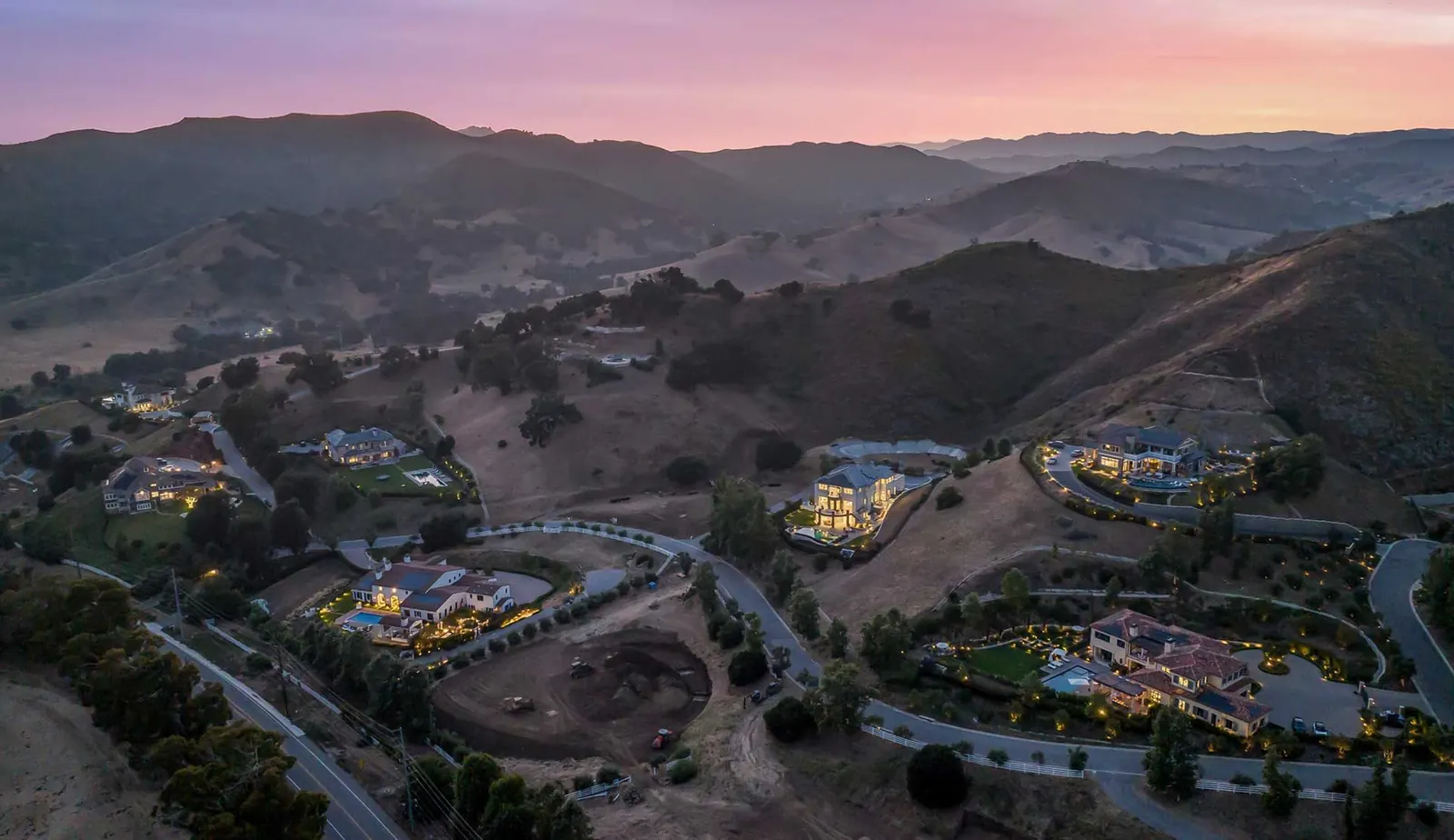 Aerial view over Malibu Valley Estates at dusk